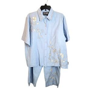 VTG Rachel Brooke Blue Chambray Embroidered Floral Shirt & Pants Women's Size 2X